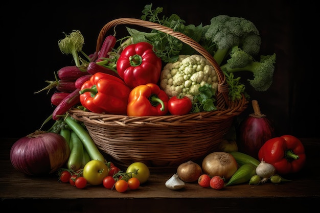 A basket of vegetables with a black background