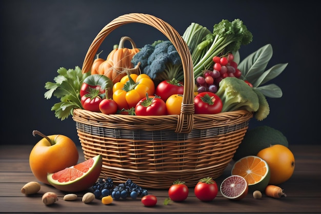 A basket of vegetables with a blue background.