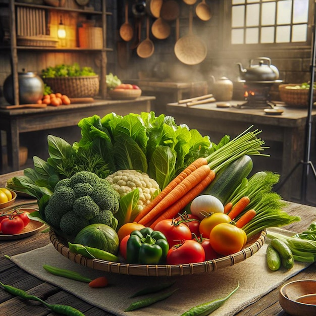 Photo a basket of vegetables with a pot of vegetables on a table