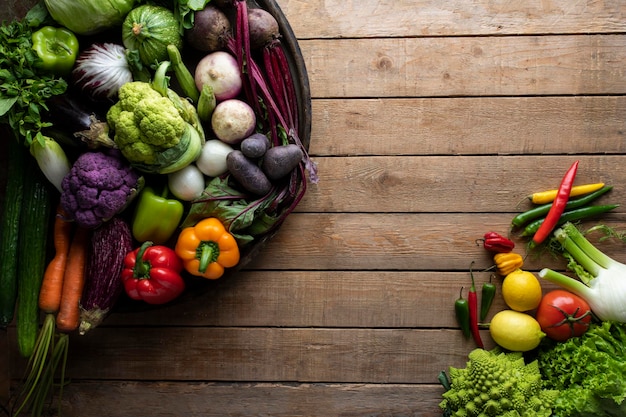 A basket of vegetables on a wooden table