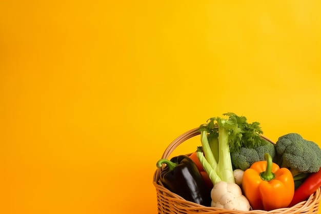 A basket of vegetables on a yellow background