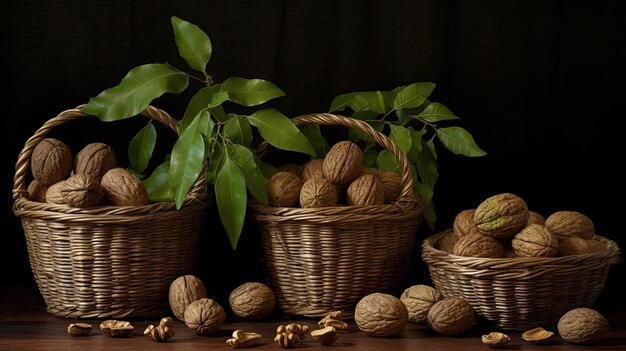 Photo a basket of walnuts with a black background and a black background