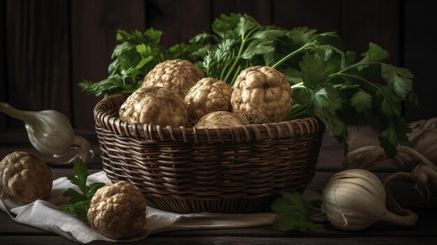 A basket of walnuts with a white pumpkin on the table