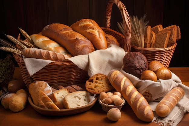 Basket of warm breads including baguettes rolls and croissants created with generative ai