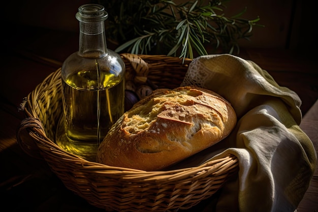 Корзина с теплым и хрустящим ремесленным хлебом, идеально подходящим для обмакивания в оливковое масло, созданная с помощью генеративного искусственного интеллекта