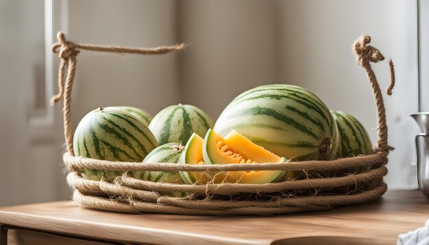 a basket of watermelon and oranges with a lemon wedge on the side