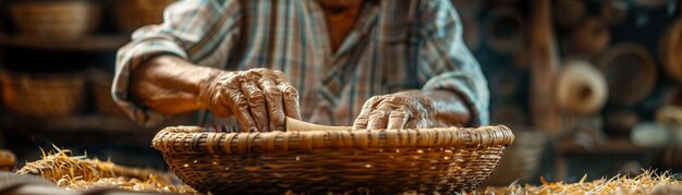 Photo basket weaver crafting a traditional basket