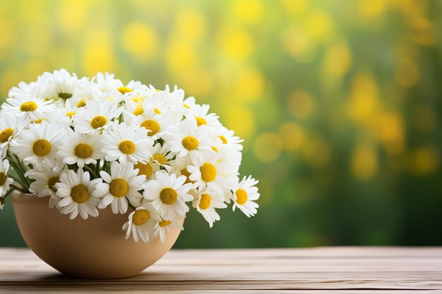 Basket of white oxeye daisy flowers on a yellow spring background