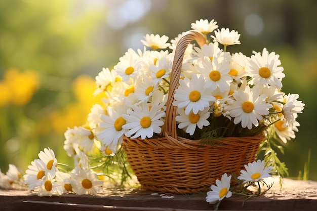 Basket of white oxeye daisy flowers on a yellow spring background