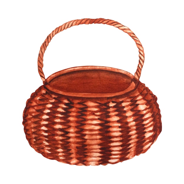 Basket wicker brown basket made of natural material vines on a white background handdrawn for your d