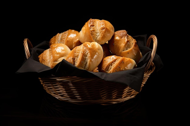 Basket with appetizing rolls on a black background