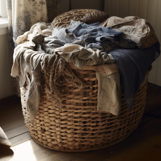 A basket with a blanket on it and a curtain that says'laundry'on it.