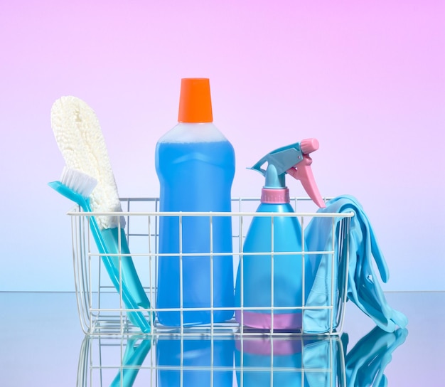Premium Photo  Basket with bottle of detergent and cleaners for cleaning  home or office cleaning supplies
