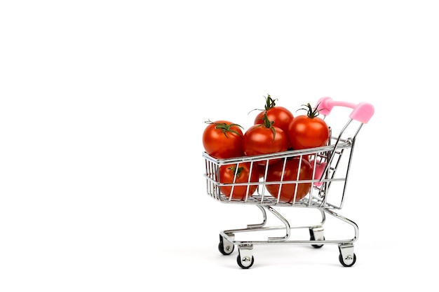 Basket with cherry tomatoes on a white background Black Friday shopping and discount concept