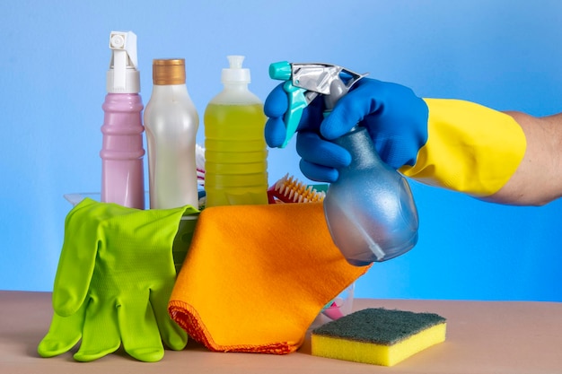 Basket with cleaning products for home hygiene use