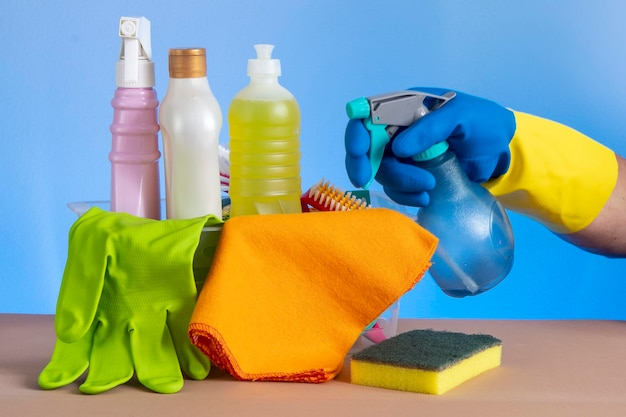 Basket with cleaning products for home hygiene use