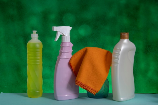 Basket with cleaning products for home hygiene use