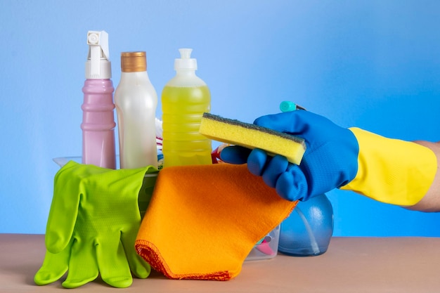 Basket with cleaning products for home hygiene use