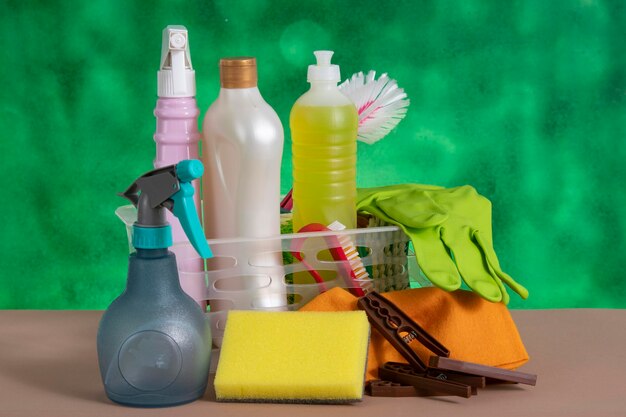 Basket with cleaning products for home hygiene use