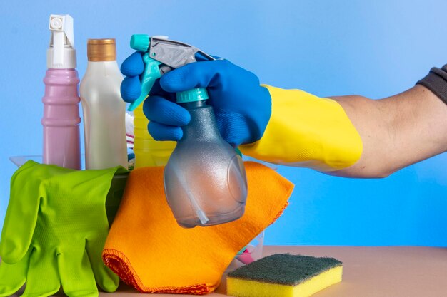 Basket with cleaning products for home hygiene use