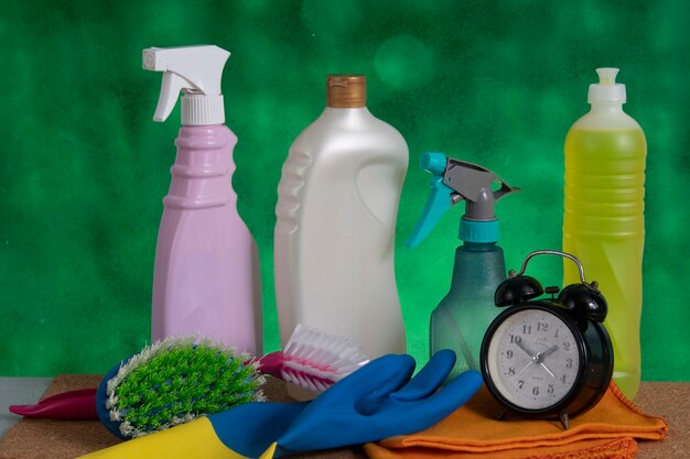 Basket with cleaning products for home hygiene use