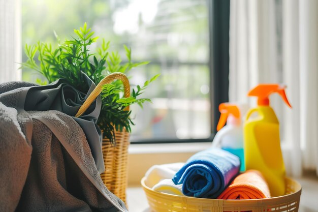 Basket with cleaning products on the windowsill home cleaning concept