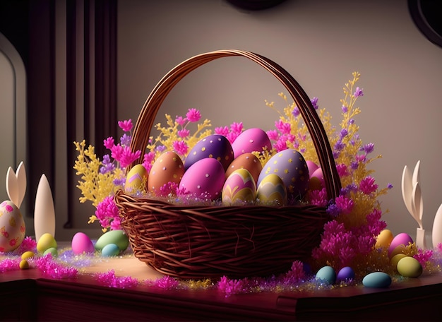 Basket with colorful Easter eggs and flowers on the table