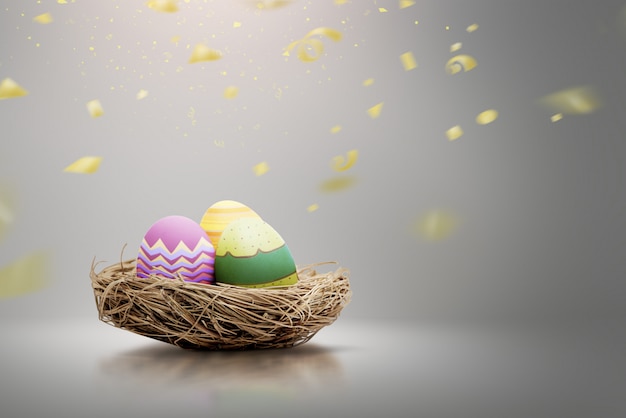 Basket with colorful easter eggs