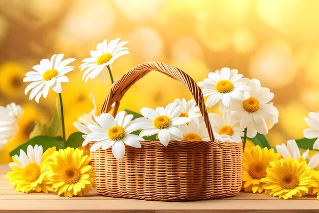 Basket with daisies and a basket of daisies on a background of yellow flowers