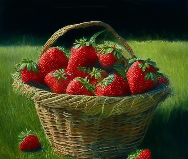 Basket with delicious ripe strawberries on green meadow AI generated image