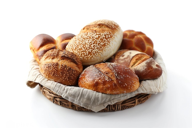 Basket with different types of bread on white background closeup