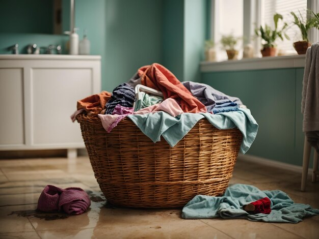 Photo basket with dirty laundry on a floor in a bathroom