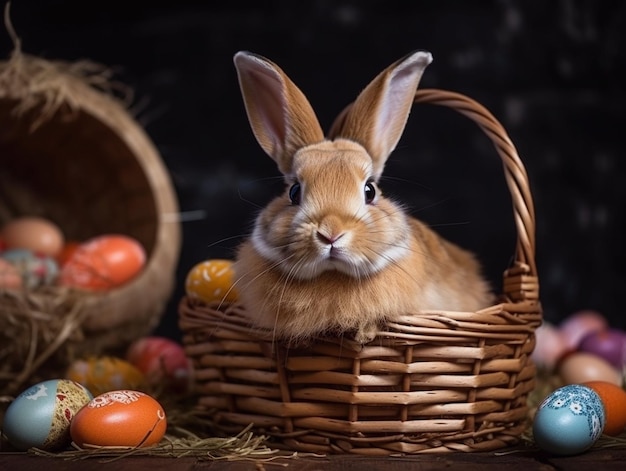 A basket with easter eggs and a bunny in it