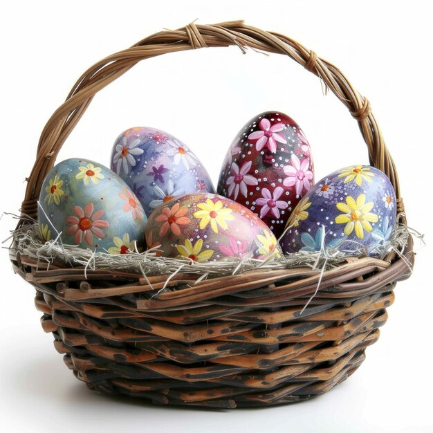 Basket with Easter eggs close up isolated