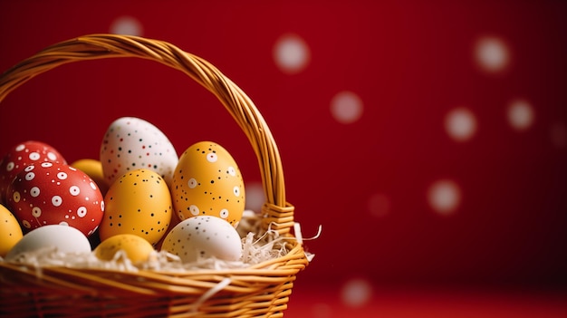 Basket with Easter eggs closeup Yellow and red colors