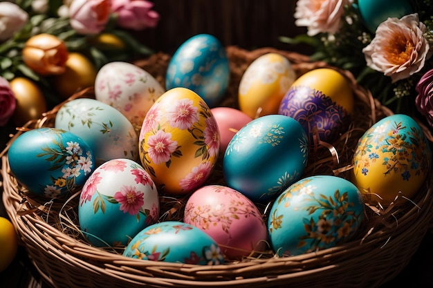 Basket with Easter eggs in floral print