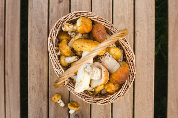 Basket with edible mushrooms on wooden table high quality photo