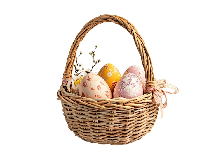 Photo a basket with eggs and flowers