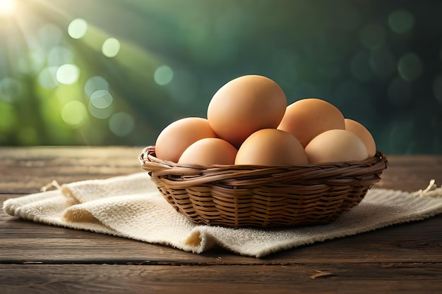 農村風の背景のテーブルの上にある卵のバスケットは,生成的なAI技術で作成されました.
