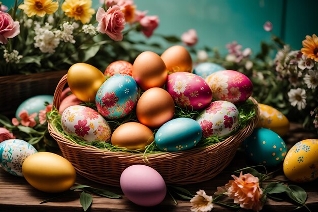 Basket with floral bright Easter eggs Close up photo