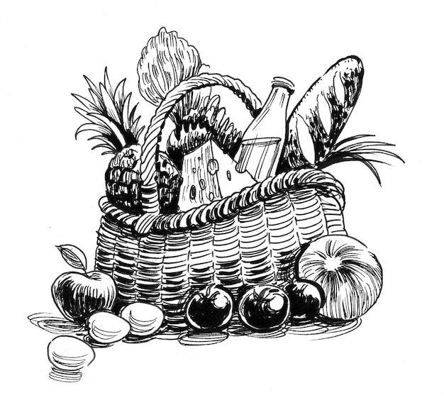 Photo basket with food. ink black and white drawing