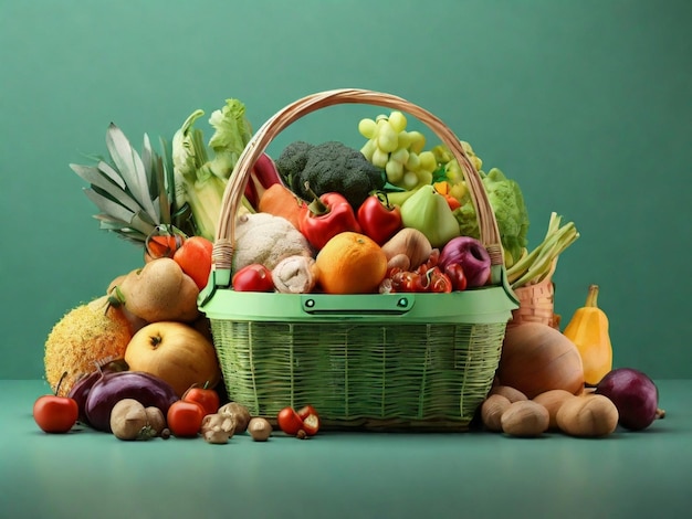 Basket with foods on green background Supermarket concept AI generation