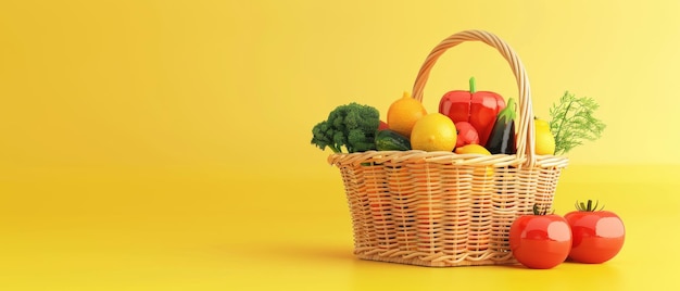 The basket with foods on a yellow background Supermarket shopping concept A 3D rendering is shown