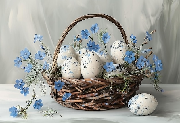 a basket with forgetmenots and eggs on a white background generative ai