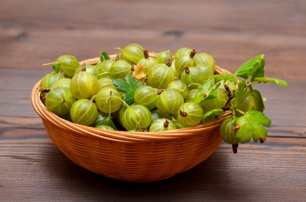 basket with fresh gooseberries on the table closeup