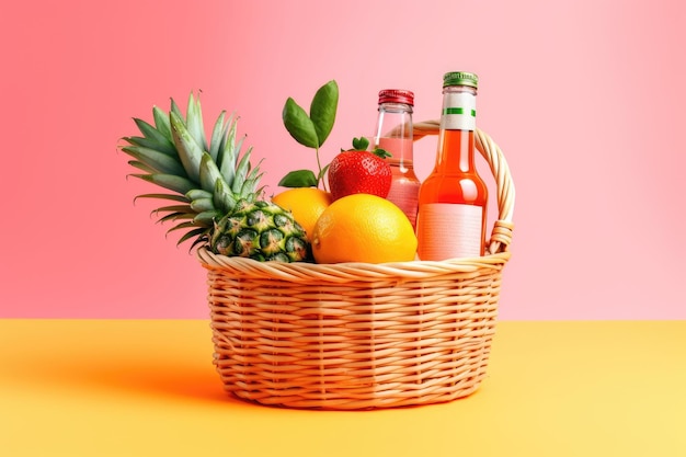 Basket with fresh lemonade bottles and citrus fruit on minimal background AI Generative