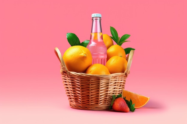 最小限の背景に新鮮なレモネードのボトルと柑橘系の果物が入ったバスケット AI 生成