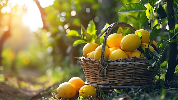 С свежими лимонами в корзине в саду.