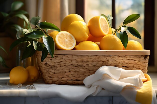 Basket with fresh lemons and towels on table in room closeup