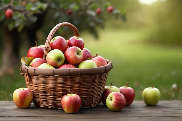 Basket with fresh ripe apples on wooden table in garden closeup